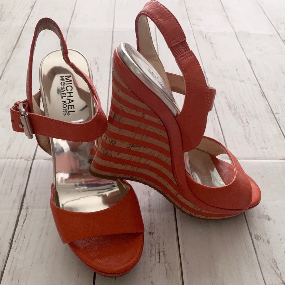 Michael Kors peep open toe patent leather wedges